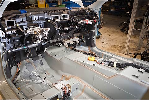 A C30 Electric in the welding plant at Ghent - note the raised tunnel that will hold some of the lithium-ion batteries that power the car.